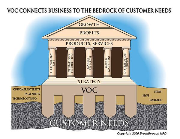 The voice of the customer (VOC) is the foundation that connects the structure of your business to the bedrock of customer needs to make a solid foundation. Strategy is the floor on the foundation, various functions are the pillars that support the products and profit of the company.